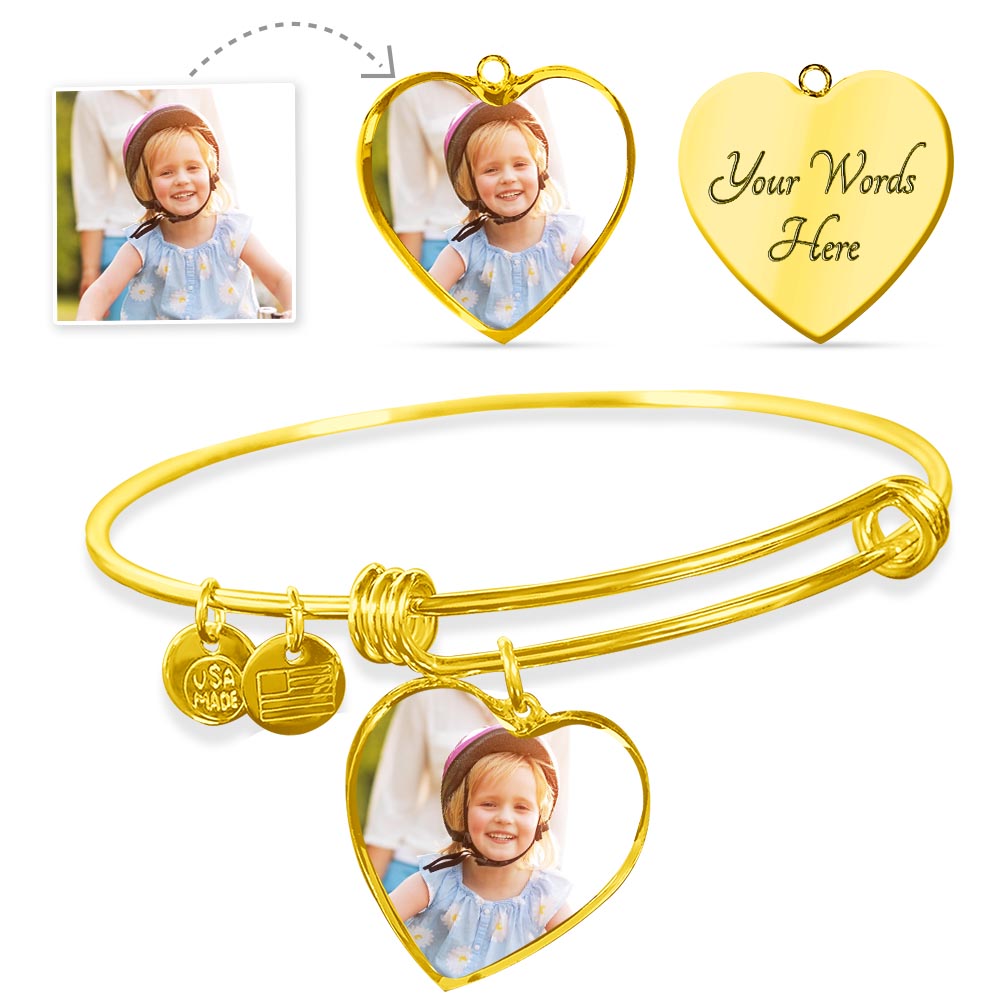 Heart Bangle with a Personalized photo and Engraved message for Mom