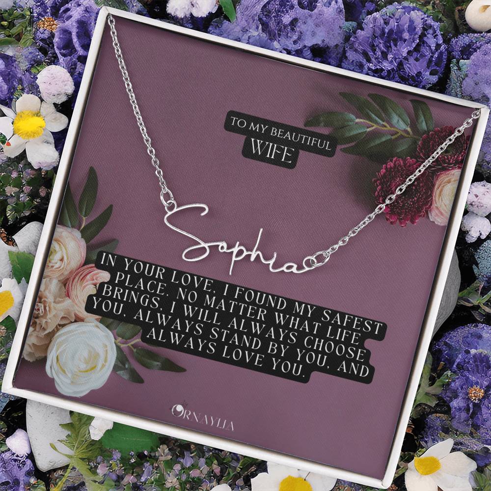 Signature Name Necklace with a beautiful message card for Wife