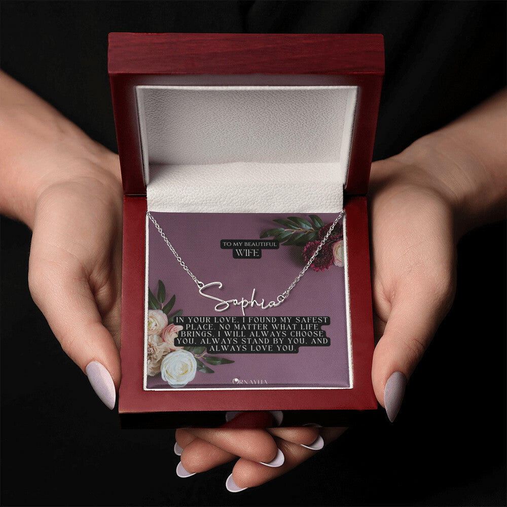 Signature Name Necklace with a beautiful message card for Wife