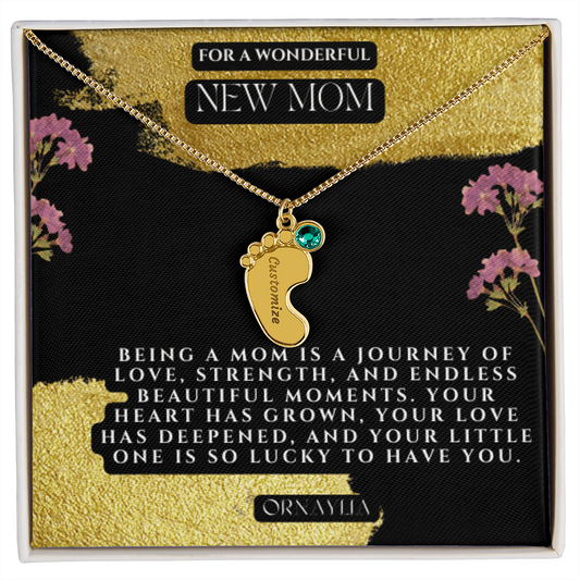 Personalized baby feet necklace with Birthstone for New Mom with a beautiful message and luxury box